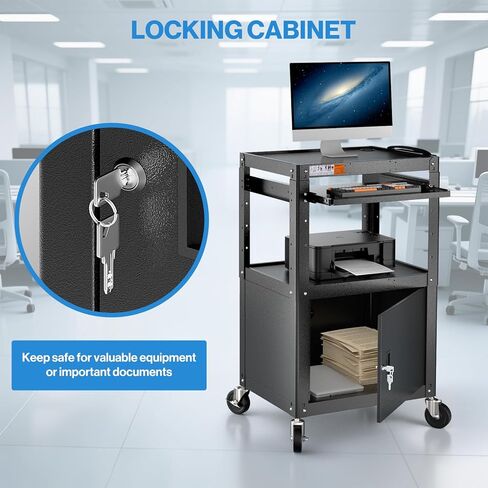 CART AV AV Steel على عجلات - عربة العرض المتداول مع الرف القابل للتعديل ، صينية لوحة المفاتيح السحب ، شريط الطاقة ، إدارة الحبل - وسائل الإعلام المحمولة محطة عمل الكمبيوتر لفصول المكاتب in Saudi Arabia
