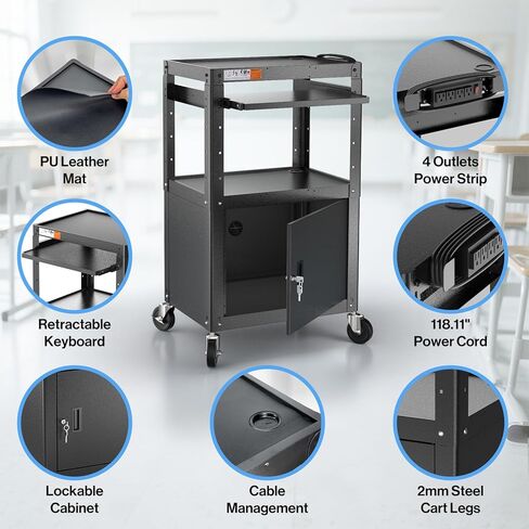 CART AV AV Steel على عجلات - عربة العرض المتداول مع الرف القابل للتعديل ، صينية لوحة المفاتيح السحب ، شريط الطاقة ، إدارة الحبل - وسائل الإعلام المحمولة محطة عمل الكمبيوتر لفصول المكاتب in Saudi Arabia