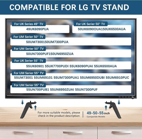 Wisiny TV Legs استبدال LG 60 65 بوصة أرجل تلفزيونية ، متوافقة مع LG TV Stand Models 60uj6050 60UK6090 60UM6900 60UN7300 65UJ6300 65UK6090 65UM6900 65UM7300PUA 65UN6950 with Screws in Kuwait