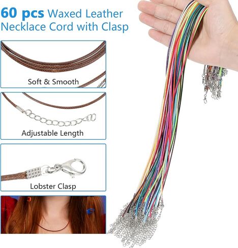 oruola 60pcs Leather Cords with Clasps,Necklace Cords for Pendants,Necklace String,20In Waxed Leather Necklace with Clasp,1.5mm Rope Necklace for DIY Bracelet Necklace Jewelry Making,5 Color in Saudi Arabia