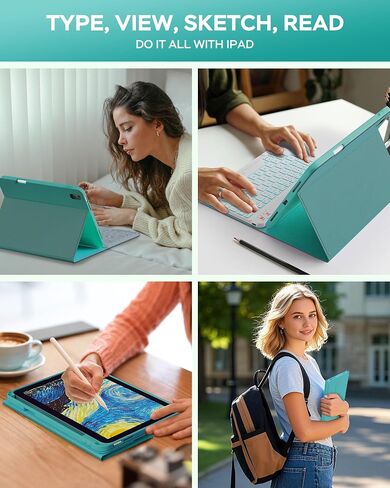 for iPad A16 Case with Keyboard - 7 Color Backlit Magnetic Wireless Detachable Folio Keyboard Cover with Pencil Holder for iPad 11th 10th Generation, Cyan in Saudi Arabia