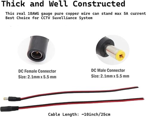 (Real 18awg) 1 أزواج 12V 5A DC Power Powtail Barrel Coll Cable Cable ، 2.1mm × 5.5 مم أنثى موصلات DC DC للكاميرا الأمنية CCTV ومحول إمدادات الطاقة 12 فولت (1 ذكر+1 أنثى) in Kuwait