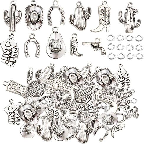 100 Grams Western Cowbo Charms Alloy Antique Golden Cowgiy Boot Hat Cactus Pendants with 80pcs Split Open Rings for DIY Necklace Bracelet Key Chains Crafts, Mixed 11 Styles in Saudi Arabia