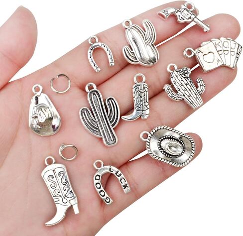 100 Grams Western Cowbo Charms Alloy Antique Golden Cowgiy Boot Hat Cactus Pendants with 80pcs Split Open Rings for DIY Necklace Bracelet Key Chains Crafts, Mixed 11 Styles in Saudi Arabia