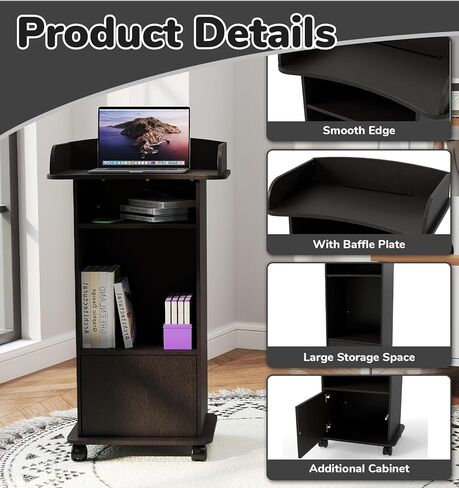 Podium Stand Portable,Mobile Pulpit Podium with Lockable Wheels,Wooden Hostess Stand Reception Desk with Adjustable Shelf and Storage Cabinet for Churches Conference School in Saudi Arabia