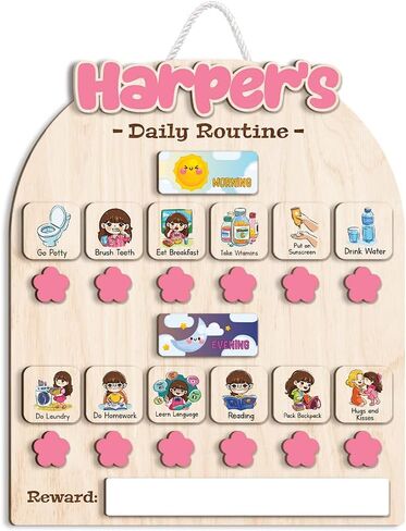 Wooden Daily Routine for Kids, Chore Chart for Toddler, Daily Responsibilities for Kids, Visual Schedule, Morning Bedtime Routine for Girls in Kuwait