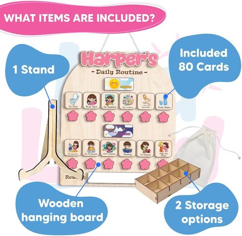 Wooden Daily Routine for Kids, Chore Chart for Toddler, Daily Responsibilities for Kids, Visual Schedule, Morning Bedtime Routine for Girls in Kuwait