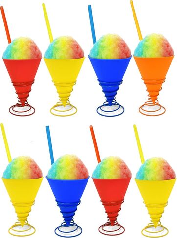 Gift Boutique Reusable Silicone Snow Cone Cup Set 4 Pack Leakproof Cups & Spoon Straws with Metal Holders for Summer Cookout Party Kid Friendly, for Slushies Shaved Ice & Ice Cream, 7 oz in Saudi Arabia