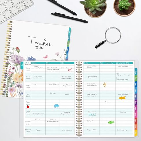 Teacher Planner 2025-2026, JUL. 2025 – JUN. 2026, Lesson Planner 2025-2026 Academic Year, with Tabs, Thick Paper, 2-Sided Pocket, 8.6″ x 11″ Daily Weekly and Monthly Calendar with 8 Periods in Saudi Arabia
