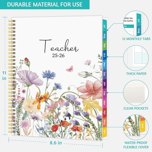 Teacher Planner 2025-2026, JUL. 2025 – JUN. 2026, Lesson Planner 2025-2026 Academic Year, with Tabs, Thick Paper, 2-Sided Pocket, 8.6″ x 11″ Daily Weekly and Monthly Calendar with 8 Periods in Saudi Arabia