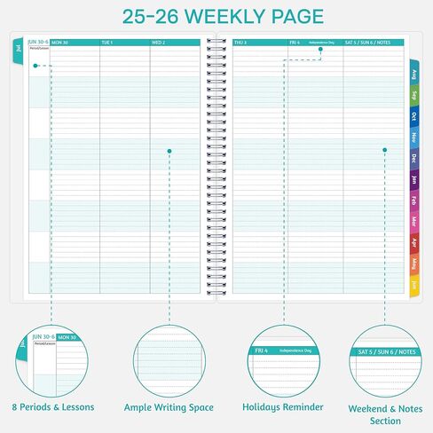 Teacher Planner 2025-2026, JUL. 2025 – JUN. 2026, Lesson Planner 2025-2026 Academic Year, with Tabs, Thick Paper, 2-Sided Pocket, 8.6″ x 11″ Daily Weekly and Monthly Calendar with 8 Periods in Saudi Arabia