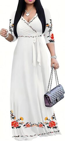 Sexy V Neck Print Maxi Dress for Women Casual Loose 3/4 Sleeves Outfits with Belt in Kuwait