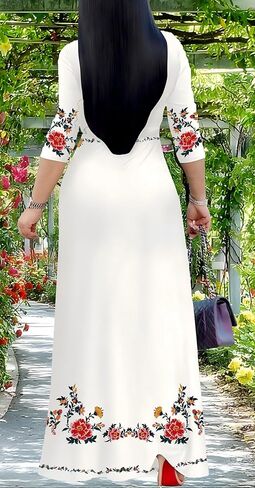 Sexy V Neck Print Maxi Dress for Women Casual Loose 3/4 Sleeves Outfits with Belt in Kuwait