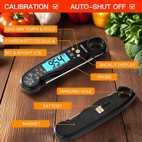 TP-01 Waterproof Digital Instant Read Meat Thermometer with 4.6 Folding Probe Backlight Calibration Function for Cooking Food Candy, BBQ Grill, Liquids,Beef(Black) in Saudi Arabia