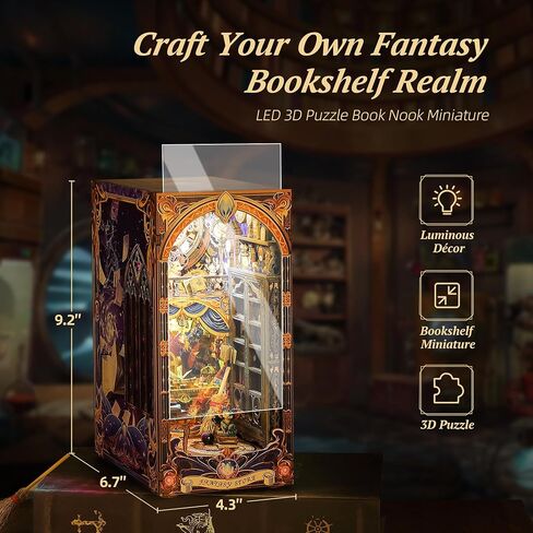 3D Wooden Puzzle Book Nook Kit with LED Light, DIY Miniature Bookshelf Insert Décor for Display, Unique Craft Gift for Adults and Teens (Key Tracking) in Saudi Arabia