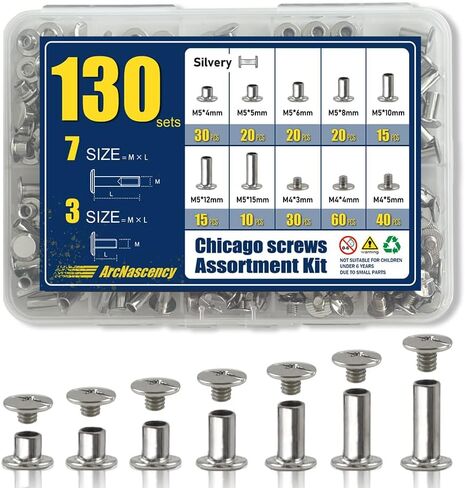 130 Sets Carbon Steel Chicago Screws – Gunmetal Black Chicago Binding Screws, 7 Sizes (M5*4,5,6,8,10,12,15) & 3 Screw Lengths (M4*3,4,5) for Leather, Bookbinding, Belt, Bag, Shoes & DIY Crafts in Saudi Arabia