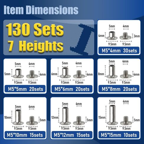 130 Sets Carbon Steel Chicago Screws – Gunmetal Black Chicago Binding Screws, 7 Sizes (M5*4,5,6,8,10,12,15) & 3 Screw Lengths (M4*3,4,5) for Leather, Bookbinding, Belt, Bag, Shoes & DIY Crafts in Saudi Arabia