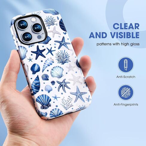 نمط الصدف الساحلي الصيفي لـ iPhone 16 Case ، [متوافق مع Magsafe] ، وحماية مقاومة للصدمات ، والتصميم الأزرق والأبيض (لـ iPhone 16) in Kuwait