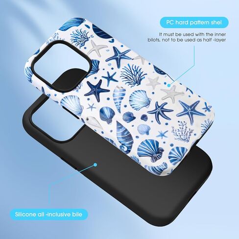 نمط الصدف الساحلي الصيفي لـ iPhone 16 Case ، [متوافق مع Magsafe] ، وحماية مقاومة للصدمات ، والتصميم الأزرق والأبيض (لـ iPhone 16) in Kuwait