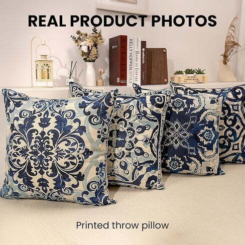 Blue Throw Pillow Covers - Linen Blue Pillow Covers 18x18 Set of 4, Decorative Blue and White Pillow Covers, Chinoiserie Pillow Cover, Chinoiserie Decor in Saudi Arabia