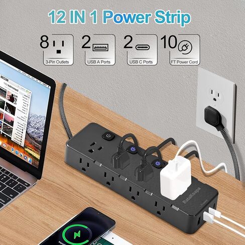 10 Ft Surge Protector Power Strip - 8 Widely AC Outlet 4 USB Ports(2 USB C), Flat Plug Extension Cord with Multiple Outlets, Individual Switches, Desk Extender for Dorm, Home, Office Essentials, 1400J in Saudi Arabia