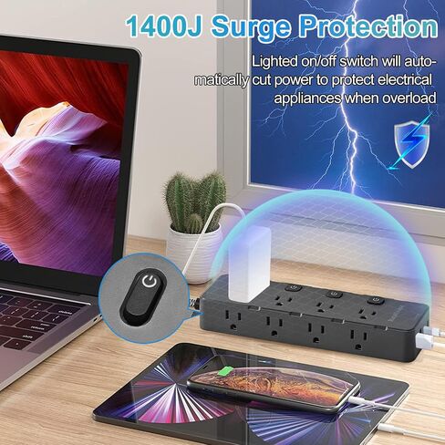 10 Ft Surge Protector Power Strip - 8 Widely AC Outlet 4 USB Ports(2 USB C), Flat Plug Extension Cord with Multiple Outlets, Individual Switches, Desk Extender for Dorm, Home, Office Essentials, 1400J in Saudi Arabia