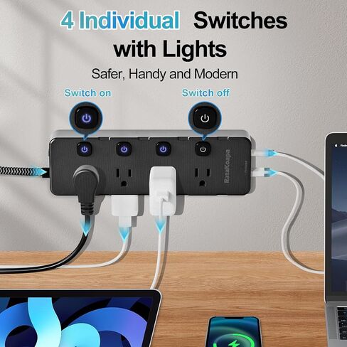 10 Ft Surge Protector Power Strip - 8 Widely AC Outlet 4 USB Ports(2 USB C), Flat Plug Extension Cord with Multiple Outlets, Individual Switches, Desk Extender for Dorm, Home, Office Essentials, 1400J in Saudi Arabia