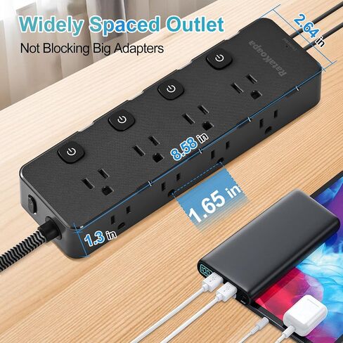 10 Ft Surge Protector Power Strip - 8 Widely AC Outlet 4 USB Ports(2 USB C), Flat Plug Extension Cord with Multiple Outlets, Individual Switches, Desk Extender for Dorm, Home, Office Essentials, 1400J in Saudi Arabia
