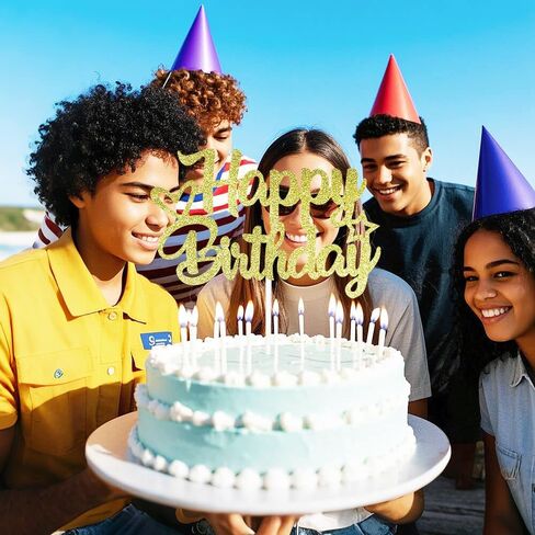 Blue & Silver Glitter "Happy Birthday" Topper - Plitter Paper & Stick - جاهز للاستخدام in Saudi Arabia
