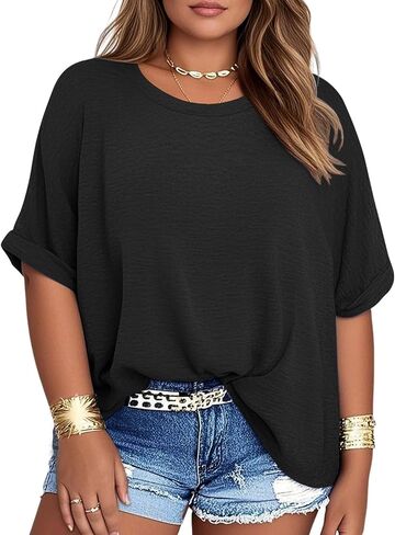 Womens Plus Size Tops Oversized Half Sleeve Crew Neck T Shirts Loose Fit Tee Top Summer Flowy Casual Blouses XL-5XL in Saudi Arabia