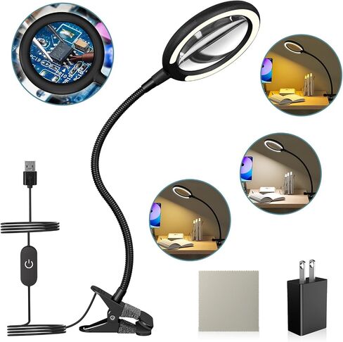 5X Rechargeable Magnifying Glass with Light and Stand, Dimmable Lighted Magnifying Lamp Glass for Reading, Close Work, Hobbies, Crafts - White in Kuwait
