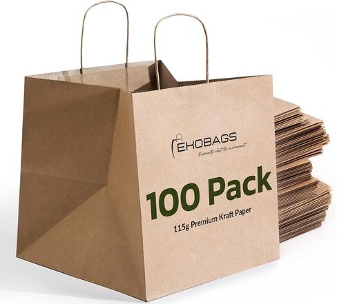 EKOBAGS. Sienna Kraft Paper Gift Bags with Handles | Sturdy Brown Paper Bags Bulk for Retail, Shopping, Party Favors & Small Business | 100% Recyclable & Sustainable | 12x8x13 inches, 25-Pack in Saudi Arabia