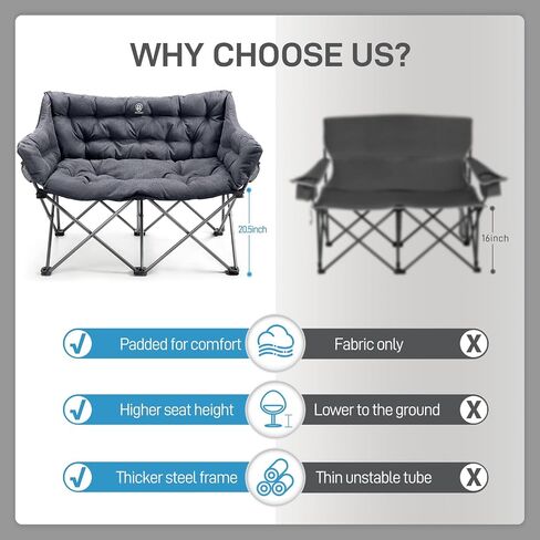 EVER ADVANCED Extra Large Double Camping Chair for Adults, Family Size Padded Folding Camping Love Seat Bench with Side Pocket Portable Camping Couch, Two Person Heavy Duty Folding Outdoor Chair in Kuwait