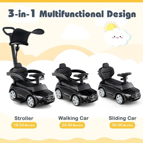 Costzon Push Car for Toddlers, 3 in 1 Mercedes Benz Stroller Sliding Walking Car w/Canopy, Handle, Safety Bar, Horn Sound, Underneath Storage, Foot-to-Floor Ride On Toy for Boys & Girls (Pink) in Saudi Arabia