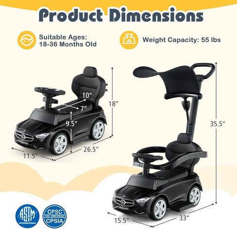 Costzon Push Car for Toddlers, 3 in 1 Mercedes Benz Stroller Sliding Walking Car w/Canopy, Handle, Safety Bar, Horn Sound, Underneath Storage, Foot-to-Floor Ride On Toy for Boys & Girls (Pink) in Saudi Arabia