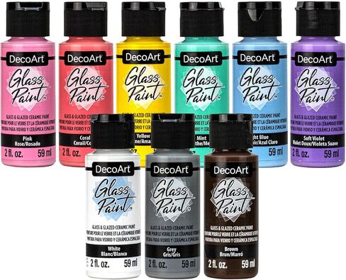 DecoArt Glass Paint, Primary Color Set, Acrylic Paint Ideal for Glass and Glazed Ceramics, Self Leveling Smooth Finish, 2 Fl Oz Bottle (Pack of 9) in Saudi Arabia