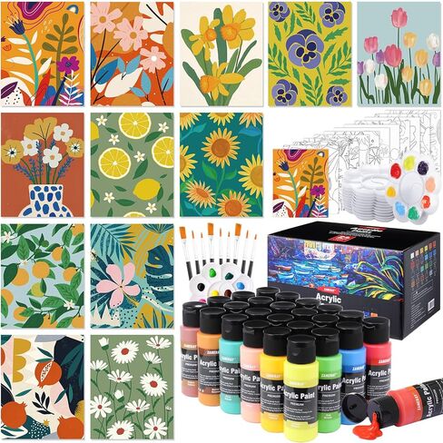 AmazingSpark 12 Set Paint and Sip Kit for Adults 8"x 10" Pre Drawn Canvas for Painting DlY Acrylic Paint Set with Brushes, 24 Colors(60ml, 2oz) for Date Night Party Supplies(Brilliant Scenery) in Kuwait