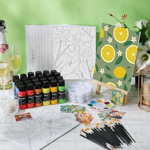 AmazingSpark 12 Set Paint and Sip Kit for Adults 8"x 10" Pre Drawn Canvas for Painting DlY Acrylic Paint Set with Brushes, 24 Colors(60ml, 2oz) for Date Night Party Supplies(Brilliant Scenery) in Kuwait