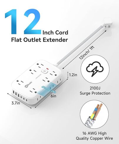 قطاع الطاقة مع USB ، واقي متسق للوقود المسطح سلك 5 أقدام ، و 12 منفذًا على نطاق واسع و 6 منافذ USB (3 USB C) شحن ، 3 موسع جانبي جدار لجهاز الكمبيوتر اللوحي المحمول أجهزة متعددة in Kuwait