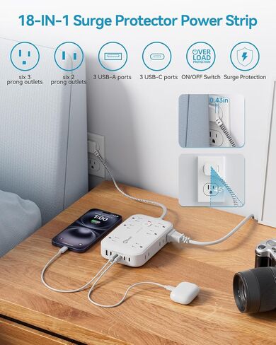 قطاع الطاقة مع USB ، واقي متسق للوقود المسطح سلك 5 أقدام ، و 12 منفذًا على نطاق واسع و 6 منافذ USB (3 USB C) شحن ، 3 موسع جانبي جدار لجهاز الكمبيوتر اللوحي المحمول أجهزة متعددة in Kuwait