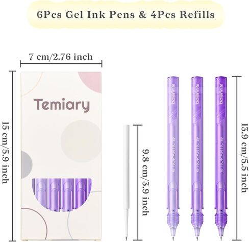 Temiary 6 Pcs Retractable Gel Pens & 4 Pcs Extra Refills, Black Ink 0.5 mm Fine Point, Smooth Writing for Journaling Note Taking, Aesthetic Rolling Ball Pen for Home School Office Supplies (Purple) in Kuwait