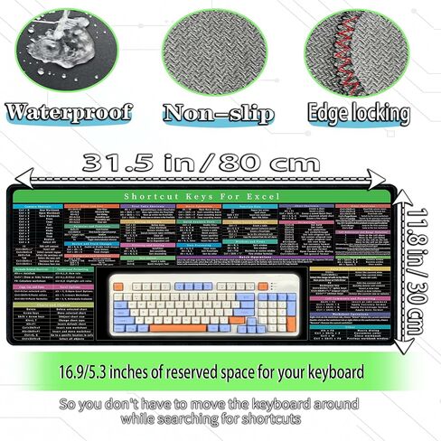 Excel Cheat Sheet Desk Pad مع منطقة لوحة المفاتيح-150+ Excel اختصارات الماوس للمكتب والمنزل والعمل والألعاب والكمبيوتر الشخصي والكمبيوتر-غير قابلة للانزلاق ، مقاوم للماء-31.5 "× 11.8" in Saudi Arabia