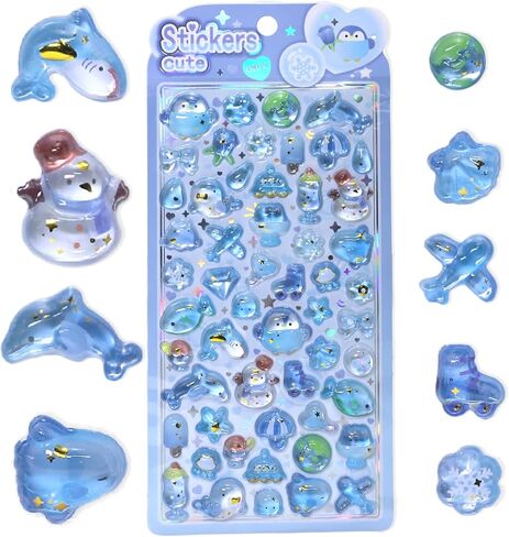 Cute 3D Puffy Stickers, Kawaii Penguin Octopus Starfish Jellyfish Transparent Epoxy Stickers, Glitter Bubble Raised Stickers for Journaling Scrapbooking Phone Case Water Bottle Crafts Decorative in Saudi Arabia