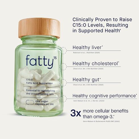 Fatty15 Pure C15:0 مكمل حمض البنتاديكانويك - 3 أضعاف الفوائد الخلوية لأوميجا 3 - مكمل طول العمر - يدعم صحة الأمعاء والكبد والكوليسترول - كبسولات صديقة للنباتيين، عدد 90 in Saudi Arabia