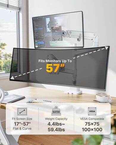 Montek 17-57 بوصة ذراع شاشة Ultrawide المزدوجة المزدوجة لشاشة تصل إلى 59.4 رطل ، وقصة شاشة قابلة للتكديس قابلة للتكديس من الألومنيوم in Kuwait