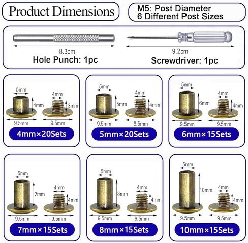 100Sets M5 Chicago Screws Leather Rivets Assorted Metal Fasteners Buttons Screw Rivets， for Leather Craft Decorate and Repair Belts Bags Shoes Purse (SilverM5*4,5,6,7,8,10) in Saudi Arabia