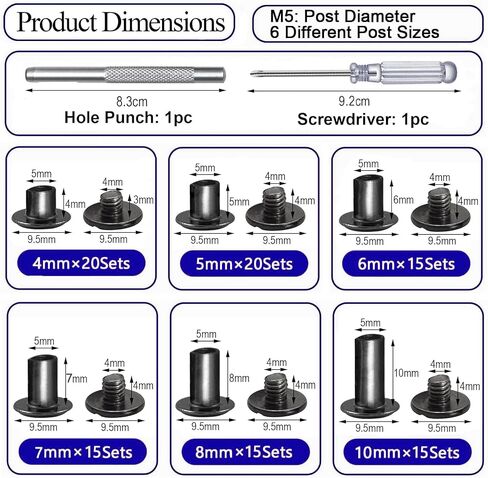 100Sets M5 Chicago Screws Leather Rivets Assorted Metal Fasteners Buttons Screw Rivets， for Leather Craft Decorate and Repair Belts Bags Shoes Purse (SilverM5*4,5,6,7,8,10) in Saudi Arabia