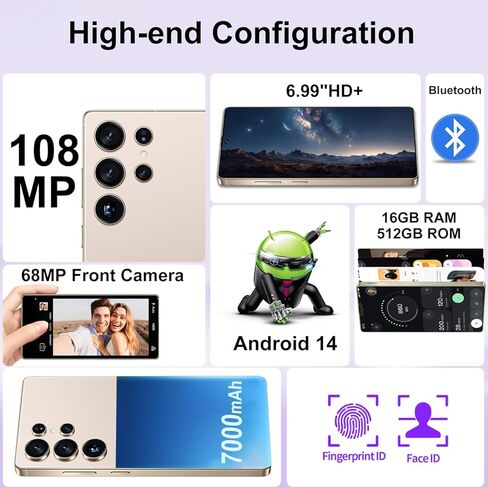 I25 Ultra 5G Unlocked Phones, Built in Pen, 7000mAh Long Battery Life Smartphone, 6.99" HD Screen Unlocked Cell Phone, 8+256GB Phone Android14, Face ID/Fingerprint Lock/Dual SIM/GPS (Gold) in Kuwait
