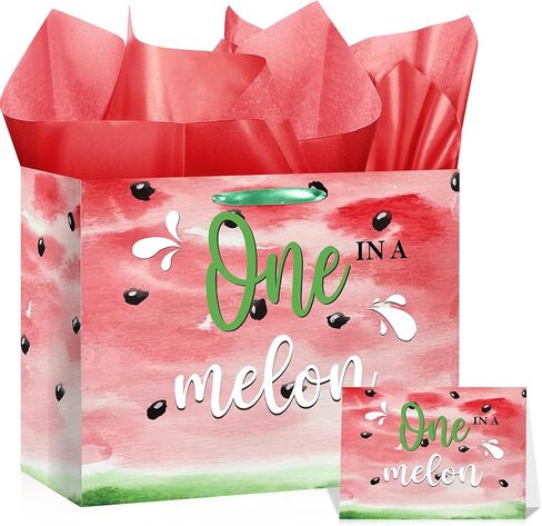 LUUFILx 1st Birthday Gift Bag for Girls One in A Melon Party Decorations with Wrapping Paper Card Watermelon First Birthday Gift Bag for Baby Shower Decorations Party Supplies in Saudi Arabia