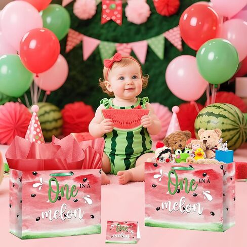 LUUFILx 1st Birthday Gift Bag for Girls One in A Melon Party Decorations with Wrapping Paper Card Watermelon First Birthday Gift Bag for Baby Shower Decorations Party Supplies in Saudi Arabia